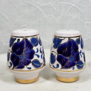VTG Signed Salt & Pepper Shakers 3" Blue Floral Porcelain Gold Trim Hand Painted